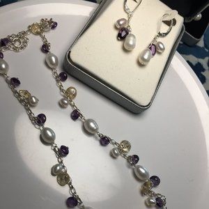 fresh water pearl and amethyst earring necklace se